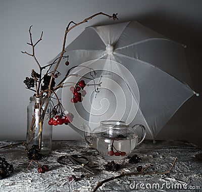 Viburnum branches with berries and snow in a transparent vase, umbrella on wooden table Stock Photo