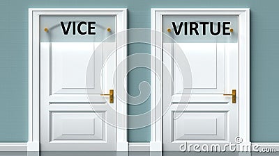 Vice and virtue as a choice - pictured as words Vice, virtue on doors to show that Vice and virtue are opposite options while Cartoon Illustration