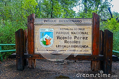 Vicente Perez Rosales National Park Welcome Sign Table CONAF Chile Editorial Stock Photo