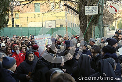 Vicenza (VI) Italy. 1st January 2016. Peace March people walking Editorial Stock Photo