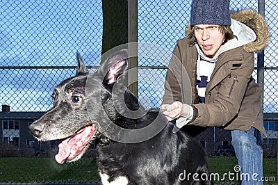 Vicious dog leaping away from his owner Stock Photo