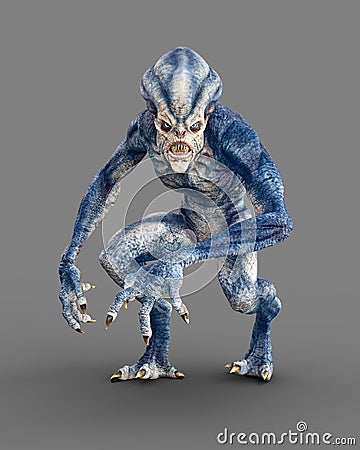 Vicious looking alien creature with sharp teeth, claws and menacing stare creeping towards the camera. 3D rendering isolated on Cartoon Illustration