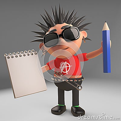 Vicious punk rocker is organised and uses a notepad and pencil, 3d illustration Cartoon Illustration