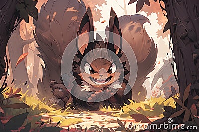 The Vicious Squirrel: Encounter a seemingly, squirrel with a twisted grin, bushy tail, hidden, tricks and traps, cunning, facade Cartoon Illustration