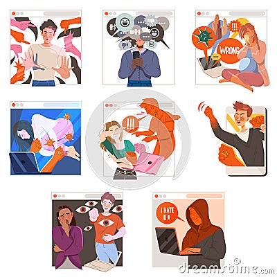 Victim of Cyberbullying Suffering from Violence and Hatred from Social Media Vector Illustration Set Vector Illustration