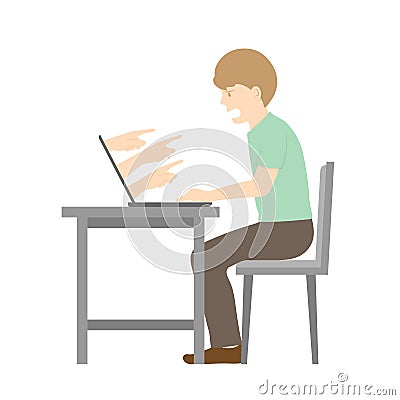 Victim man of internet social network cyber bullying concept idea, laptop and hate hand illustration isolated on white color Vector Illustration