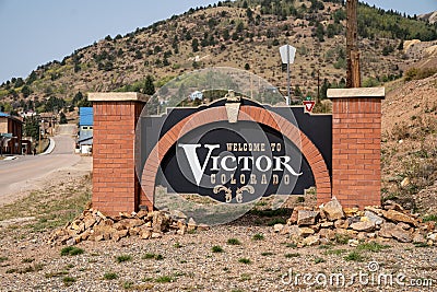 Welcome sign to the mining town of Victor, located in Teller County of the Rocky Mountains Editorial Stock Photo