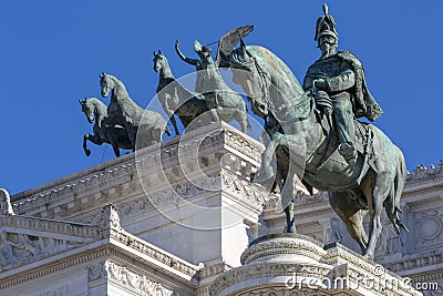 Victor Emmanuel II Monument on Venetian Square and The Quadriga of Unity at the top of Propylaea, Rome, Italy Stock Photo