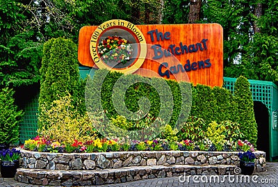 VICTORIA, BC - April 9: The sign of the butchart gardens on April 9, 2018 in Victoria. Butchart gardens is a group of floral Editorial Stock Photo