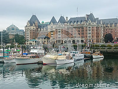 Victoria, BC - August 24, 2019: Boats in the Victoria harbour participating in the wooden ship exhibition Editorial Stock Photo