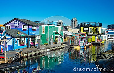 VICTORIA BC CANADA FEB 12, 2019: Victoria Inner Harbour, Fisherman Wharf is a hidden treasure area. With colorful floating homes, Editorial Stock Photo