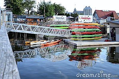 Victoria, British Columbia, Canada - June 17, 2018. Kayaks of different colors for rent by tourists. Editorial Stock Photo