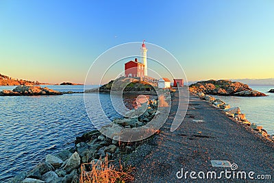 Winter Sunset at Fisgard Lighthouse, Fort Rodd Hill National Historic Site, Vancouver Island, British Columbia, Canada Stock Photo