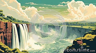 Victoria Falls Zimbabwe on a sunny day - illustration retro style - made with Generative AI tools Cartoon Illustration