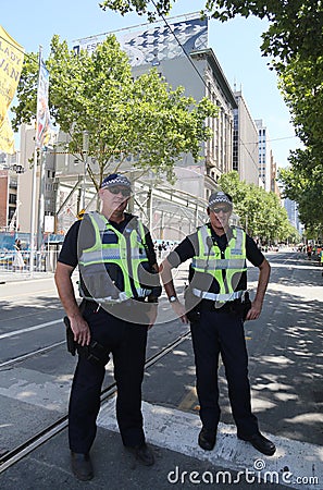 Victoria Police Constable provides security during 2019 Australia Day Parade in Melbourne Editorial Stock Photo