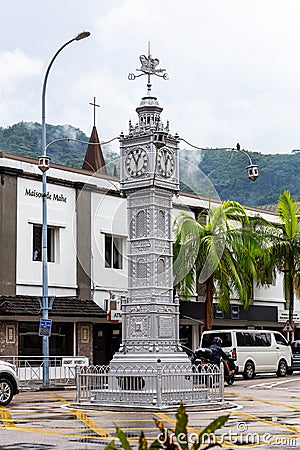 The Victoria Clock Tower, or `mini Big Ben`, copy of London`s Big Ben in the city center of Victoria, Seychelles` capital Editorial Stock Photo