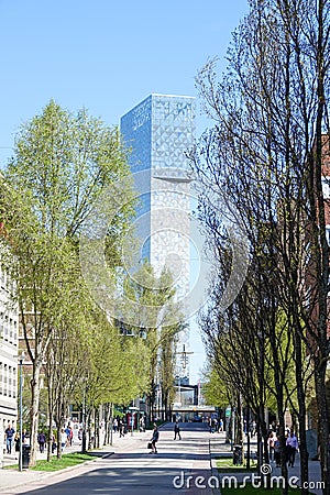 Victoria Tower, skyscraper in Kista, people during lunchtime. Editorial Stock Photo