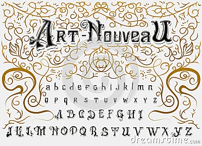 Victorian alphabet in ancient style. Antique old Font for Whiskey label. Vintage typeface in black colors, editable and Vector Illustration