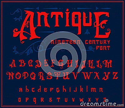 Victorian alphabet in ancient style. Antique old Font for Whiskey label. Vintage typeface in red colors, editable and Vector Illustration