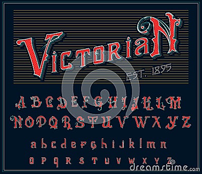 Victorian alphabet in ancient style. Antique old Font for Whiskey label. Vintage typeface in red colors, editable and Vector Illustration