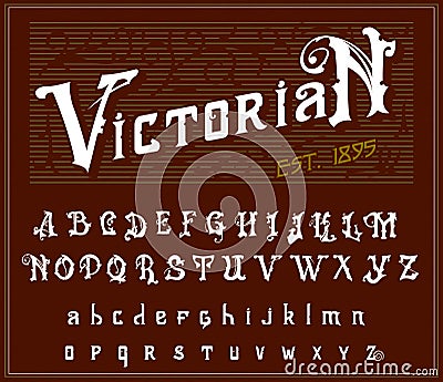 Victorian alphabet in ancient style. Antique old Font for Whiskey label. Vintage typeface in white red colors, editable Vector Illustration