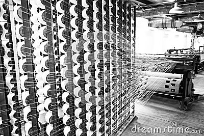 Victorian cotton mill machinery, UK. Old spinning or weaving machines in victorian cotton mill Stock Photo