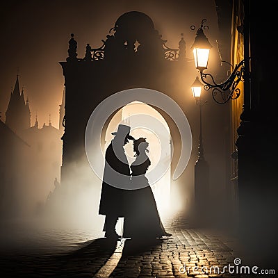 Victorian Couple walking in rainmisty Prague Stock Photo