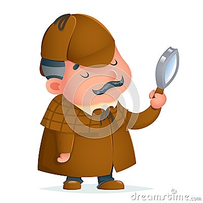 Victorian detective gentleman magnifying glass investigate search cute podgy mascot cartoon design vector illustration Vector Illustration