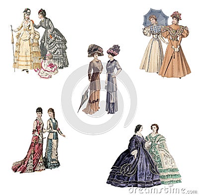 Victorian and edwardian Ladies in fashionable dresses of the time Stock Photo