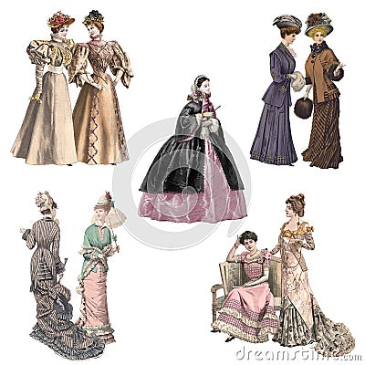 Victorian and edwardian Ladies in fashionable dresses of the time Stock Photo
