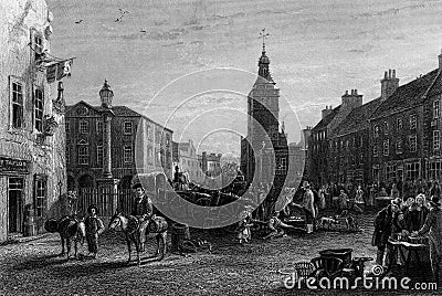 Old Illustration of Nineteenth Century Town Scene Stock Photo