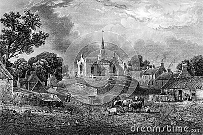 Antique Illustration of Historic Village Stock Photo