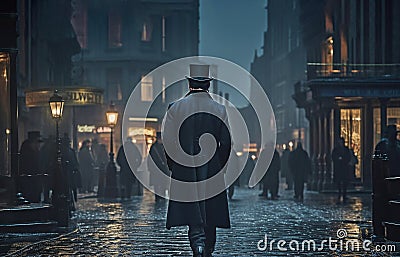 Victorian era private detective walking on street, created with generative AI Stock Photo