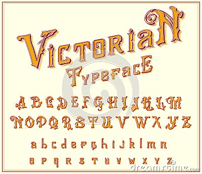 Victorian Font in ancient style. Antique old alphabet for Whiskey label. Vintage typeface in gold colors, editable and Vector Illustration