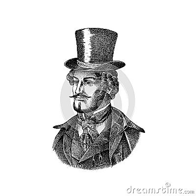 Victorian gentleman with hat and mustache. Man in vintage retro style. Vector illustration. Antique old monochrome Vector Illustration