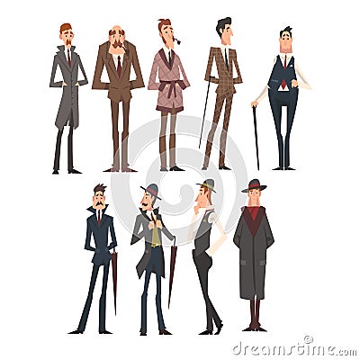 Victorian Gentlemen Characters Set, Rich and Successful Men in Elegant Suits Vector Illustration Vector Illustration