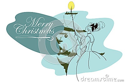 Victorian girl lights candles on Christmas tree. Vector Illustration