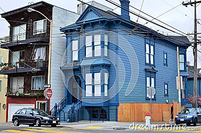 Victorian house in blue color in San Francisco, California Editorial Stock Photo