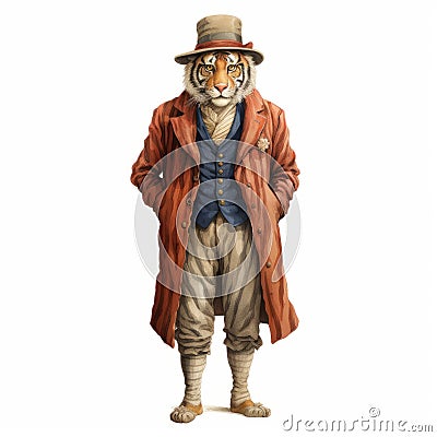 Victorian-inspired Tiger Coat Character Illustration Cartoon Illustration