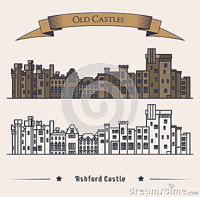 Victorian Irish castle exterior view. Luxury hotel or landmark, retro or old architecture exterior view, vintage Vector Illustration