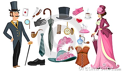 Victorian lady and gentlemen fashion collection in cartoon style. Vintage clothing set corset,shoes, hat, perfume, umbrella, Vector Illustration