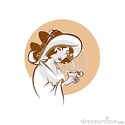 victorian lady portrait, holding a cup of tee, coffee or chocolate, with cup of tea, logo for restaurant, cafe or tea company Vector Illustration