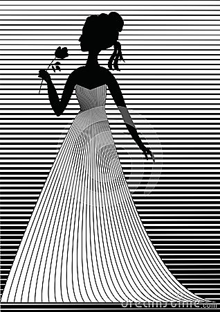 Victorian lady with rose silhouette in black and white draving on stripped outline background. Vintage template for Vector Illustration