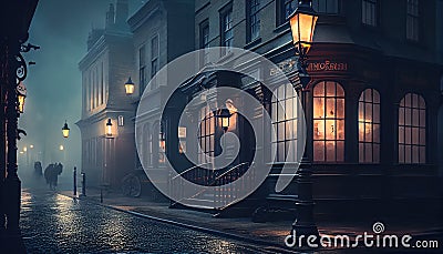 Victorian London on a moody evening with gas lights. Al generated Cartoon Illustration