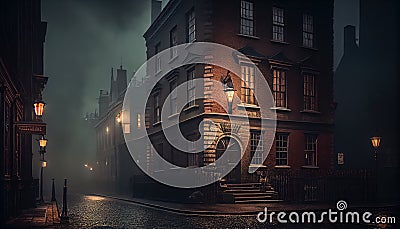 Victorian London on a moody evening with gas lights. Al generated Cartoon Illustration