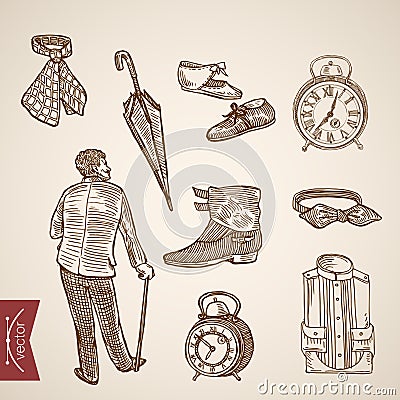 Victorian male clothes foowear boot engraving vintage vector Vector Illustration
