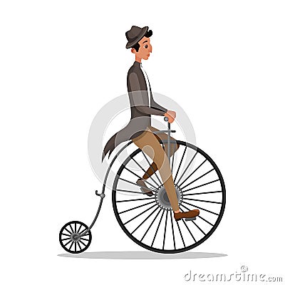 Victorian Man Riding Penny Farthing Retro Bicycle Vector Illustration