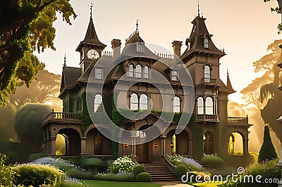 Victorian Mansion Enveloped in Ivy - Towering Turrets Piercing the Mist, a Patina Copper Weather Vane Stock Photo