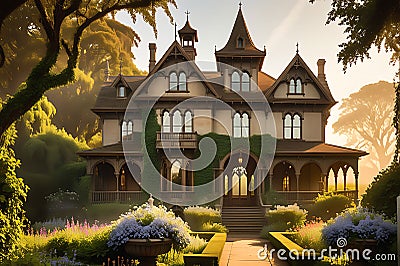 Victorian Mansion Enveloped in Ivy - Towering Turrets Piercing the Mist, a Patina Copper Weather Vane Stock Photo