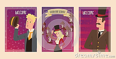 Victorian people vector gentleman in hat and woman character in vintage fashion dress on retro party illustration Vector Illustration